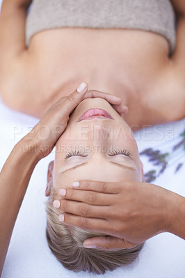 Buy stock photo Relax, hands and facial massage, woman in beauty salon for health, wellness and luxury treatment with eyes closed. Spa, professional skin care therapist hand and face of girl with cosmetic therapy.
