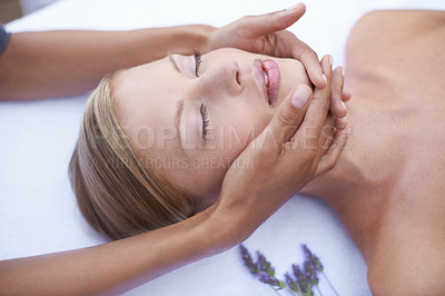 Buy stock photo Relax, stress relief and facial massage, woman in spa for health, wellness and luxury holistic treatment. Beauty salon, professional skin care therapist and healthy face of girl in cosmetic therapy.