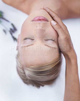 Buy stock photo Relax, massage and face, woman in beauty salon for health, wellness and luxury treatment with from above. Spa, professional skin care therapist hands and healthy facial for girl in holistic therapy.