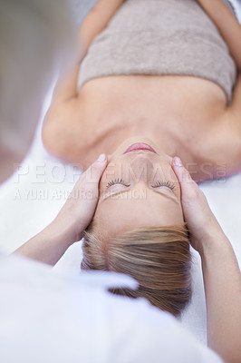 Buy stock photo Relax, reiki and facial massage, woman in spa for health, wellness and luxury treatment with eyes closed. Beauty salon, professional skin care therapist and face of girl on table for reflexology.