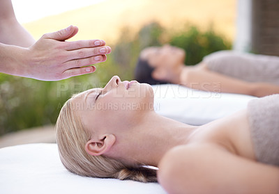 Buy stock photo Reiki, relax and face of woman at spa for health, wellness and peace, luxury skincare treatment. Holistic massage, beauty salon and professional skin care, facial healing for girl in cosmetic therapy