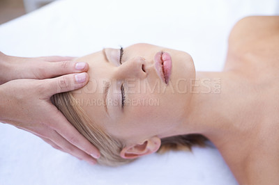 Buy stock photo Massage, relax and acupressure, face of woman at spa for health and wellness in luxury skincare treatment. Holistic healing, beauty salon and professional skin care, girl in cosmetic facial therapy.