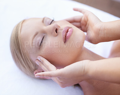 Buy stock photo Acupressure, facial massage and woman at spa for health, wellness and healing, luxury skincare treatment. Beauty salon, skin care and girl with hands on face, dermatology and anti ageing therapy.