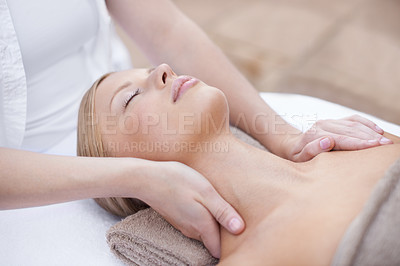 Buy stock photo Hands of masseuse, woman getting neck massage in spa and wellness with peace, tranquility and holistic treatment. Stress relief, zen and female person at luxury resort with self care and body healing