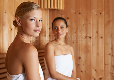 Buy stock photo Sauna, portrait and women relax in spa for beauty, healthy detox of sweat for skincare wellness. Luxury, treatment and friends sitting together in steam room for facial, anti aging or benefits