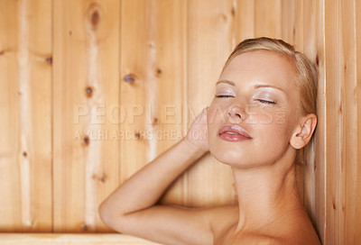 Buy stock photo Woman, relax and wellness in sauna for health, detox and sweat for skincare, heat therapy and anti aging. Person, rest or wood steam room for weight loss, stress relief or zen with beauty treatment