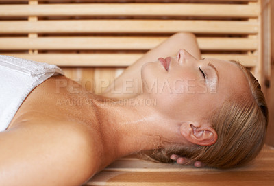 Buy stock photo Woman, relax and wellness in sauna for peace, spa detox and sweat for skincare, heat therapy and anti aging for health. Person, rest and wood steam room for weight loss and zen with beauty treatment