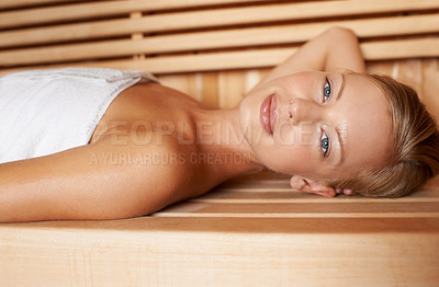 Buy stock photo Woman, relax and portrait in spa for sauna, detox and sweat for health with skincare benefits. Finland girl, body or wood steam room for weight loss, stress relief or heat therapy for beauty with zen