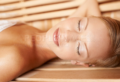 Buy stock photo Woman, peace and wellness in sauna for health, detox and sweat for skincare, heat therapy and anti aging. Person, rest or wood steam room for weight loss, stress relief or zen with beauty treatment