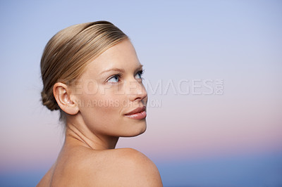 Buy stock photo Woman is thinking, face and beauty with natural cosmetic care, cosmetics and healthy skin mockup space with wellness. Female model, dermatology and skincare, facial spa treatment with hygiene