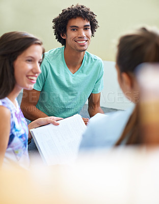 Buy stock photo Students, man in portrait and classroom for education, learning and knowledge in university or college. Young people with smile, teacher notes and information for lecture, scholarship or studying