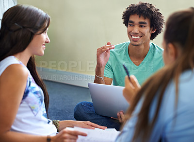 Buy stock photo Students, studying and planning on laptop for education, e learning and discussion of knowledge, ideas or group project. People or friends with computer for problem solving and collaboration on floor