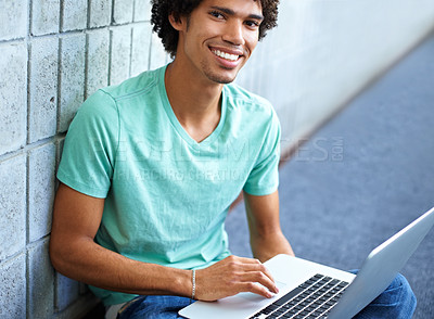Buy stock photo Student, black man in portrait and laptop for education, e learning and typing essay, research or planning in college. Young smart person with computer for university, FAQ or online studying on floor