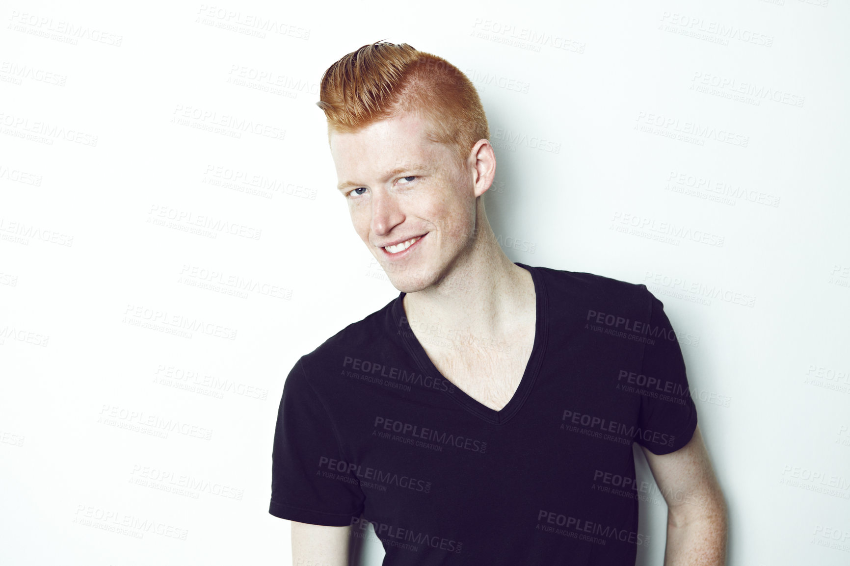 Buy stock photo Smile, ginger and portrait of a man with style isolated on a white background in a studio. Happy, young and a male fashion model with confidence, happiness and cool in a shirt on a backdrop or wall