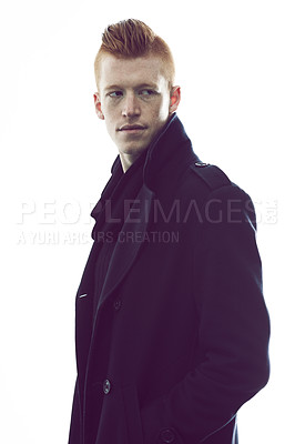 Buy stock photo Fashion, thinking and a man in a coat for winter isolated on a white background in a studio. Vintage, young and a confident handsome model with ideas, plan and in clothes for heat in bad weather