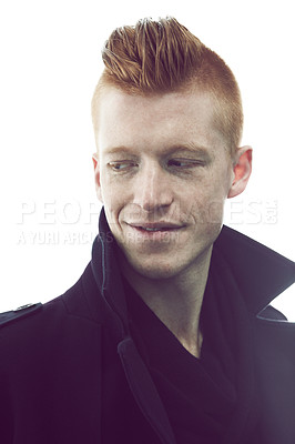 Buy stock photo A young redheaded man posing in a black jacket