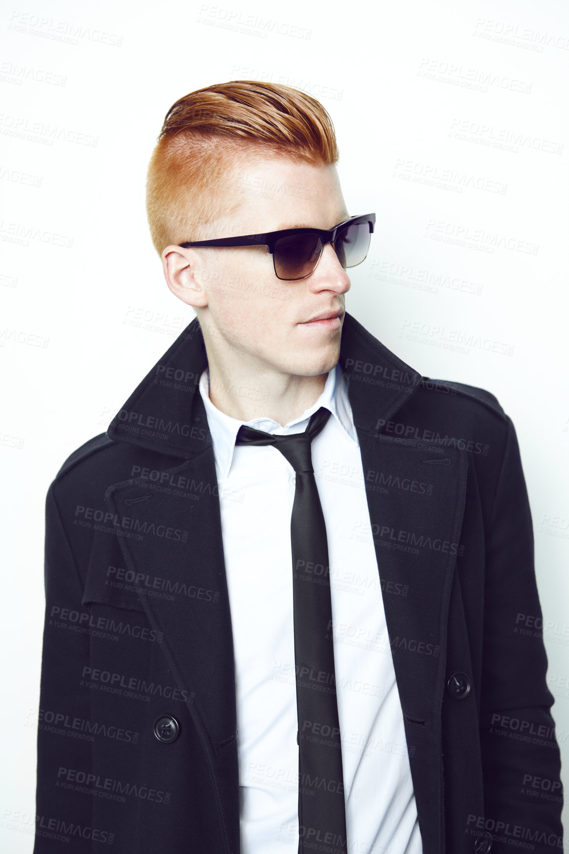 Buy stock photo Fashion, cool and man in a suit in a studio with sunglasses and a stylish formal outfit. Young, cool and handsome male model with elegant trendy style and confidence isolated by a white background.