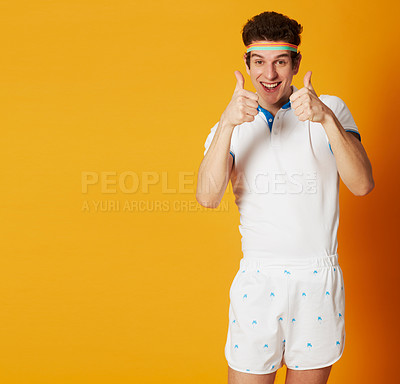 Buy stock photo Man, fitness portrait and thumbs up isolated on studio background for winning, success and like, vote or thank you mockup. Face of retro athlete, sports or tennis person with okay and winner hands