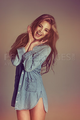 Buy stock photo Happy, smile and fashion with portrait of woman for casual, trendy and retro. Happiness, filter and confident with female model isolated on studio background for cool, excited and cute style
