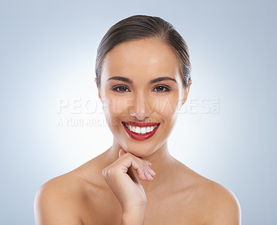 Buy stock photo Happy, makeup and portrait of woman with red lipstick in studio with beauty, cosmetic and face routine. Self care, smile and female model with facial cosmetology treatment for glow by gray background