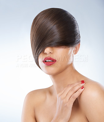 Buy stock photo Hair, beauty and hand of woman with manicure in studio on white background for keratin treatment. Face, salon and nails with confident young haircare model for shampoo, cosmetics or hairdressing