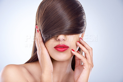 Buy stock photo Face, hair and hands of woman with manicure in studio on white background for keratin treatment. Beauty, salon and nails with confident young haircare model for shampoo, cosmetics or hairdressing