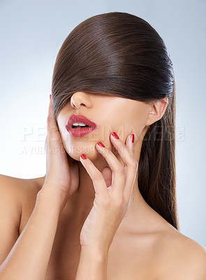 Buy stock photo Hair, salon and nails of woman with manicure in studio on white background for keratin treatment. Face, beauty and hands with confident young haircare model for shampoo, cosmetics or hairdressing