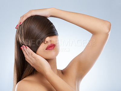 Buy stock photo Face, beauty and hair of woman at salon in studio on white background for keratin treatment. Hands, nails and manicure with confident young haircare model for shampoo, cosmetics or hairdressing