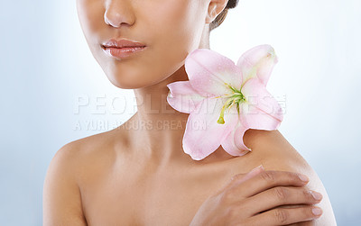 Buy stock photo Woman, hand and flower in natural skincare, beauty or cosmetics on a blue studio background. Closeup of young female person with plant, petals or bloom on shoulder for nature, glow or cosmetology