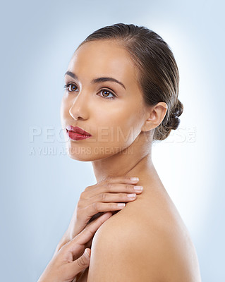 Buy stock photo Beauty, makeup and woman in studio with red lipstick for skincare, cosmetic and face routine. Self care, confident and female model with facial cosmetology treatment for glow by blue background.