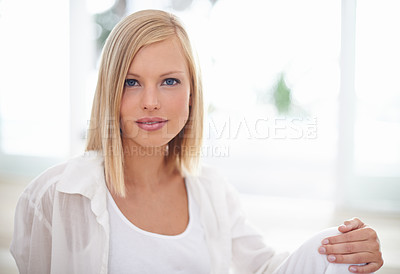 Buy stock photo Relax, calm and portrait of woman in living room for peace, comfortable and self care. Health, zen and weekend with face of a young female person at home for confidence, morning and apartment