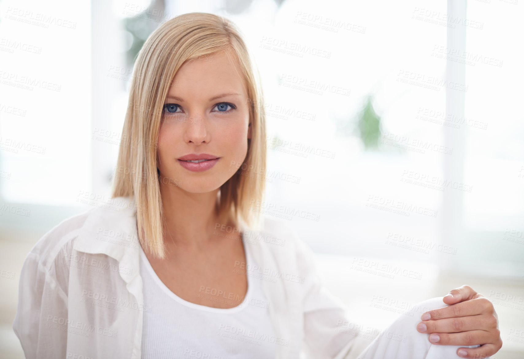 Buy stock photo Relax, calm and portrait of woman in living room for peace, comfortable and self care. Health, zen and weekend with face of a young female person at home for confidence, morning and apartment