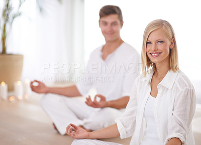 Buy stock photo Yoga, happy and portrait of couple in lotus pose for zen wellness, mindfulness and training in home. Mental health, peace and man and woman on floor for meditation, holistic healing and calm energy