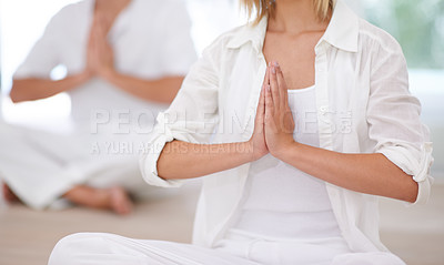Buy stock photo Yoga, meditation and hands of couple in home for zen wellness, mindfulness and holistic training. Fitness, prayer and closeup of calm people for healthy body, balance and praying in living room