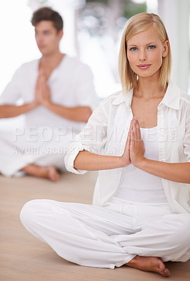 Buy stock photo Yoga, meditation and portrait of couple in prayer pose for zen wellness, mindfulness and training in home. Mental health, peace and man and woman on floor for yogi, holistic healing and calm energy