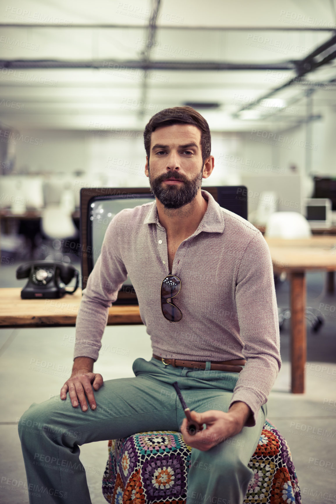 Buy stock photo Business man, portrait and confidence in office, entrepreneur and pride for startup company. Male person, serious face and retro or vintage fashion, professional and ambition for career in workplace
