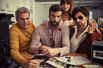 Buy stock photo Business people, planning and teamwork portrait in office, documents and support on project. Coworkers, collaboration and communication on feedback for design, retro and vintage fashion at agency