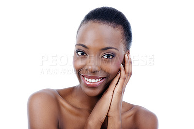 Buy stock photo Skincare, beauty and portrait of happy black woman on a white background for wellness, cosmetics and makeup. Dermatology, salon and face of person for glamour, glow and facial treatment in studio