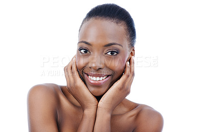 Buy stock photo Skincare, smile or hands on face of black woman in studio for wellness or glowing skin on white background. Natural, beauty or portrait of happy female model with dermatology, shine or cosmetic space