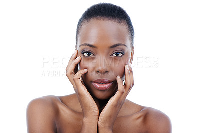 Buy stock photo Woman, portrait and hand or skincare health in studio or natural beauty, cosmetics or self care. Black person, model and confidence or dermatology treatment on white background, Kenya or mockup space