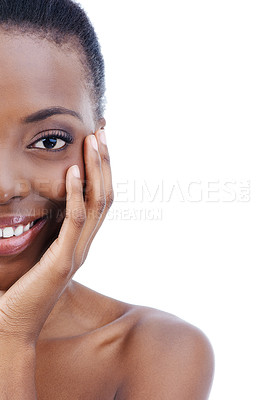 Buy stock photo Woman, portrait and smile in skincare in studio or dermatology treatment, wellness or white background. Black person, model and face with mockup space for cosmetic health or makeup, shine or Kenya