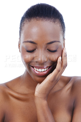 Buy stock photo Black woman, face and happy for natural beauty, dermatology and skincare with glow and wellness on white background. Smile, healthy skin and cosmetic care, shine and facial with hand in a studio