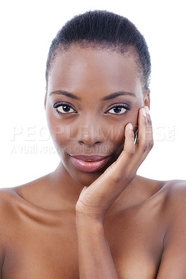 Buy stock photo Woman, portrait and hand or natural skincare in studio or makeup beauty, cosmetics or self care. Black person, model and confidence or dermatology treatment on white background, Kenya or mockup space