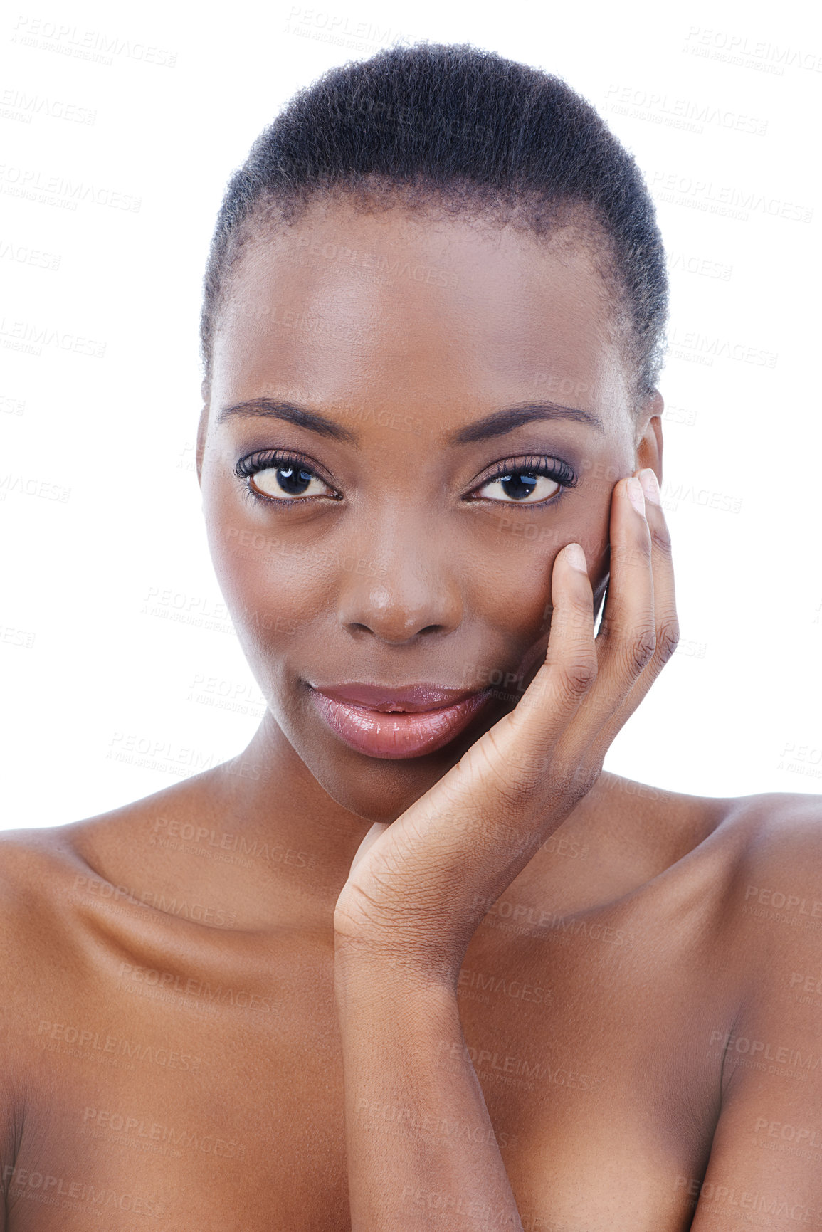 Buy stock photo Woman, portrait and hand or natural skincare in studio or makeup beauty, cosmetics or self care. Black person, model and confidence or dermatology treatment on white background, Kenya or mockup space