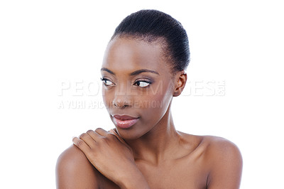 Buy stock photo Woman, skincare and thinking beauty in studio for dermatology treatment, wellness or white background. Black person, model and confident with mockup space or cosmetic health or makeup, shine or Kenya