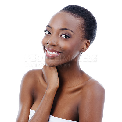 Buy stock photo Portrait, beauty and smile natural black woman in studio isolated on white background for spa treatment. Face, skincare or aesthetic and happy young model for wellness or dermatology cosmetics