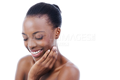 Buy stock photo Happy, skin and black woman, natural beauty and cosmetics with wellness on white background. Dermatology, facial and clean makeup, mockup space and skincare, smooth and soft with shine in studio