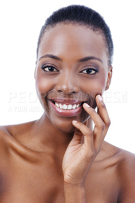 Buy stock photo Portrait, beauty and smile with happy black woman in studio isolated on white background for cosmetics. Face, skincare or aesthetic and confident young model at spa for wellness or dermatology