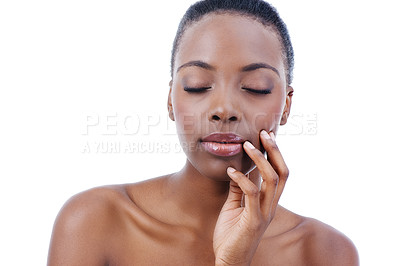 Buy stock photo Face, beauty and aesthetic natural black woman in studio isolated on white background for spa treatment. Skincare, wellness or relax and confident young model touching face with hands for dermatology