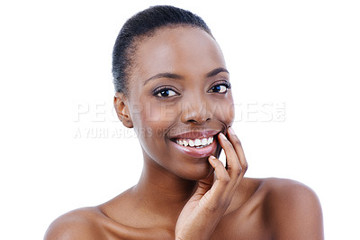 Buy stock photo Happy, skin and face of black woman, beauty and natural cosmetics with wellness isolated on white background. Dermatology, facial and clean makeup with skincare, smooth and soft with shine in studio